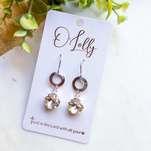 Silver Open Circle & Clear Crystal Drop Earrings “Helen”