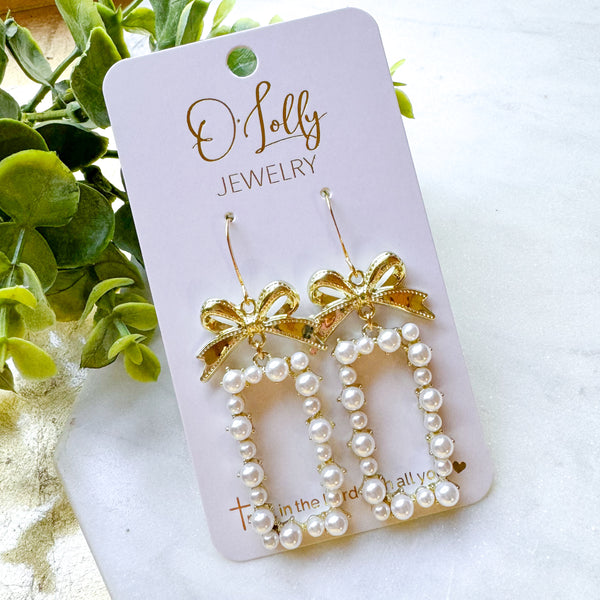 O’Lolly “Emerson” Earrings- Gold Bow w/Pearl Open Rectangle