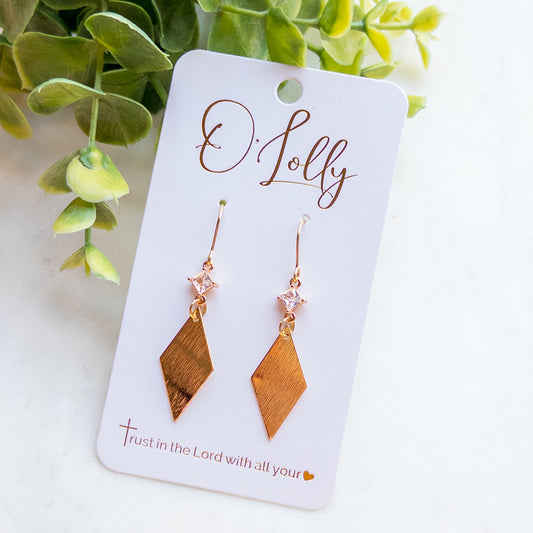 CZ Connector w/Gold Textured Rhombus Dangle Earrings “Misty”