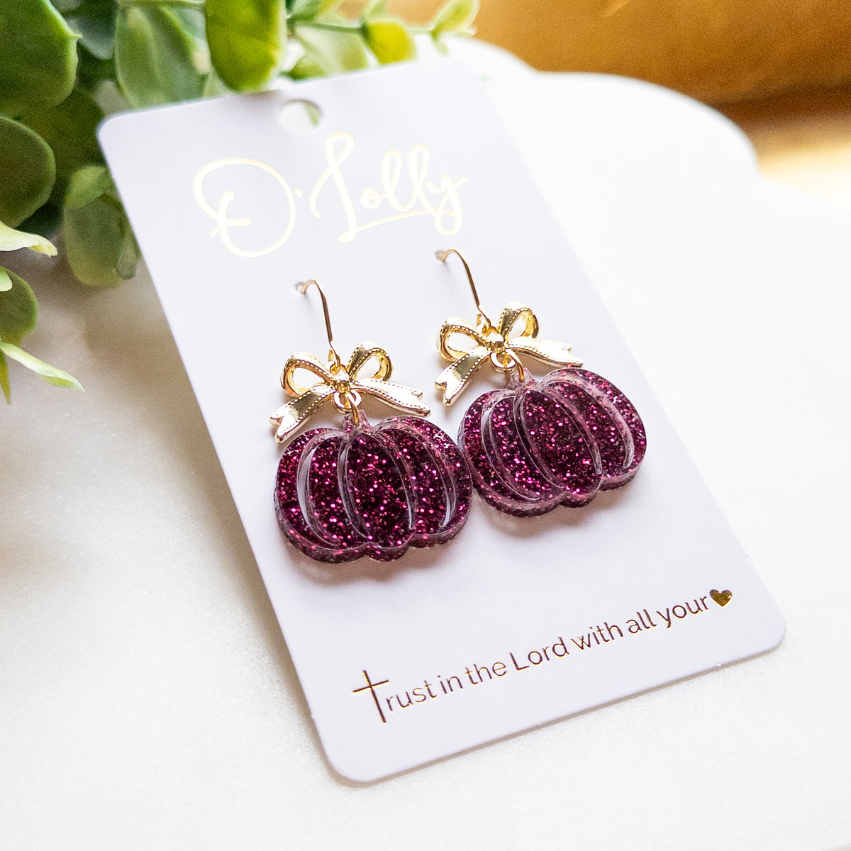 Maroon Glitter Pumpkin & Gold Bow Drop Earrings “Autumn Rae”