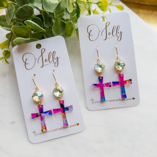 Multicolored Acrylic Cross w/Light Aqua Stone “Isabella”