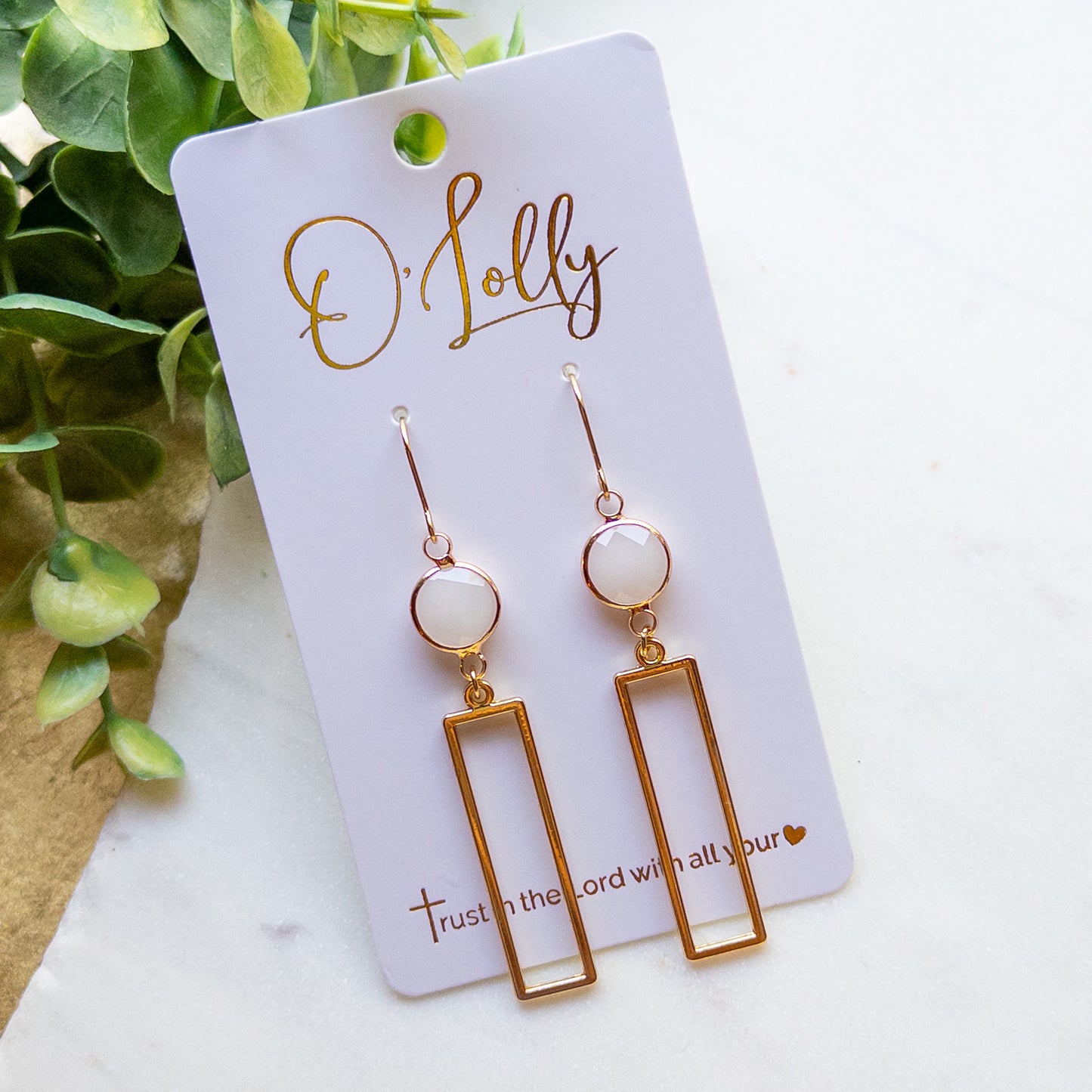 Opal Rectangle Dangle Earrings – Gold Geometric Earrings “Opie”