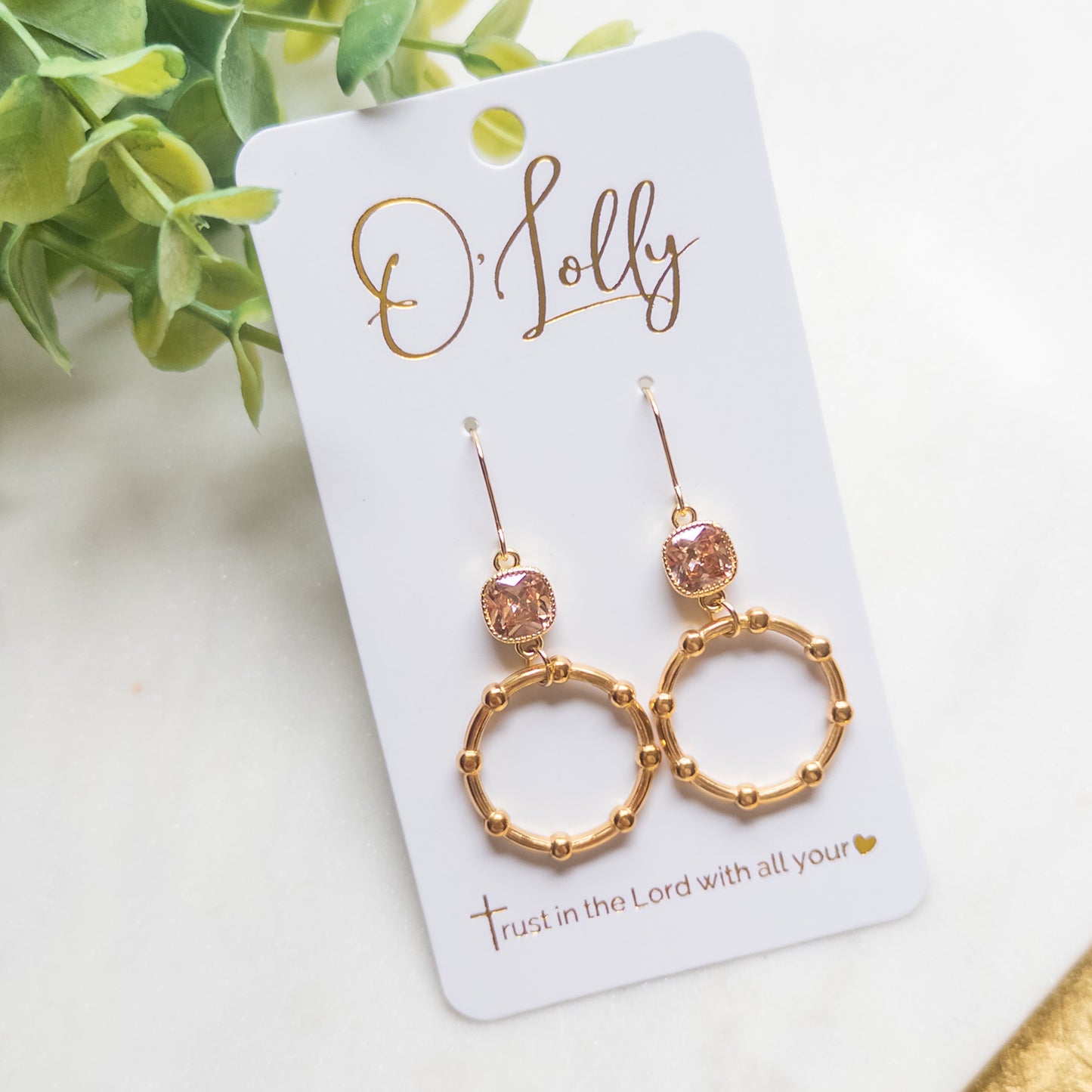 Blush Crystal & Polished Circle Dangle Earrings “Margo”
