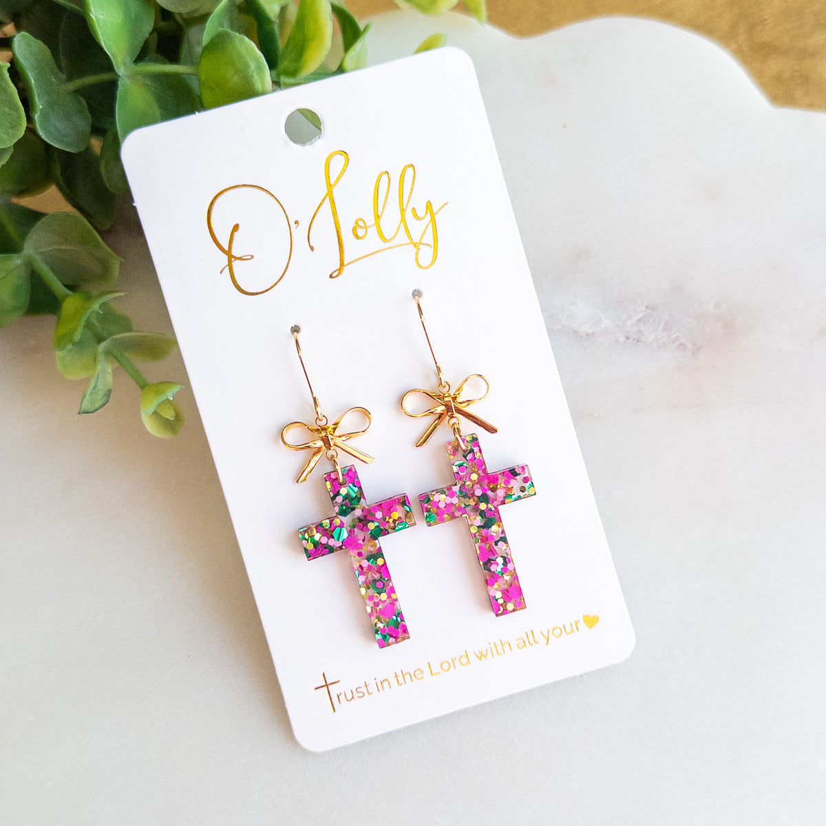 Pink & Green Glitter Cross Dangle Earrings – Gold Bow Accents