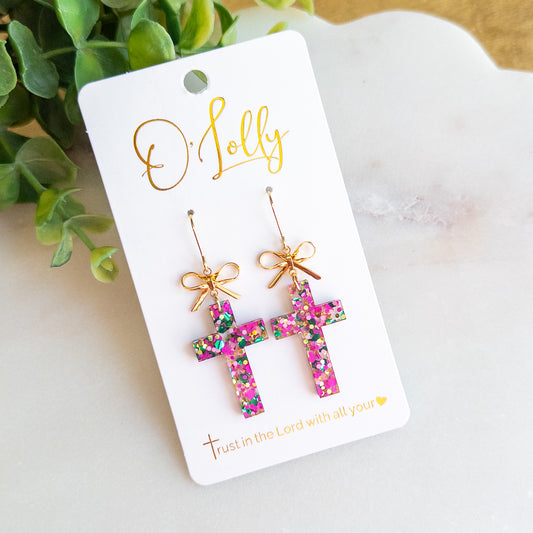 Pink & Green Glitter Cross Dangle Earrings – Gold Bow Accents
