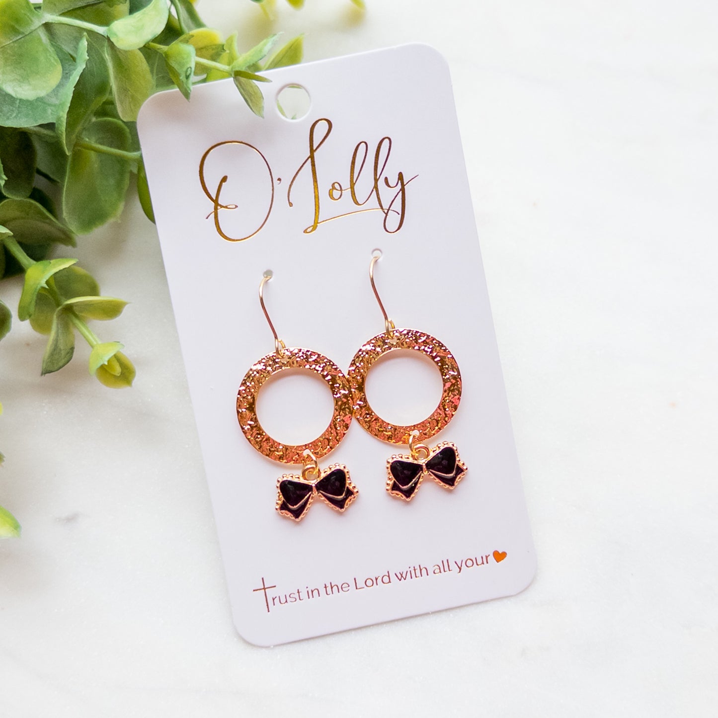 Textured Gold Open Circle w/Black Bow Charm Dangle Earrings “Langley”