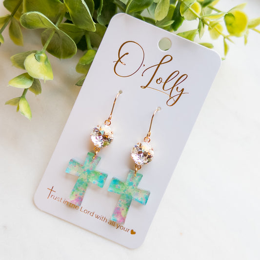 Clear Stone w/Aqua, Green & Pink Shaded Acrylic Cross “Gabby”