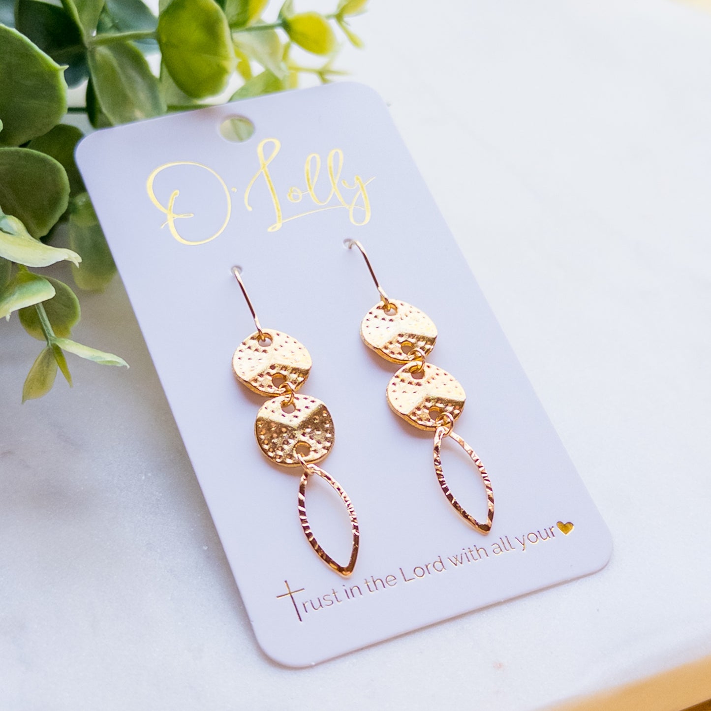 Gold Textured Discs w/Leaf Shaped Open Dangle Earrings “Kasey”
