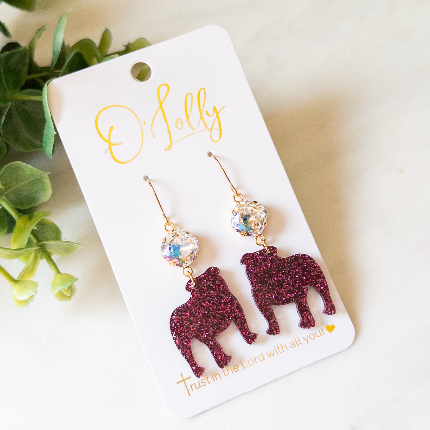 Maroon Glitter Acrylic Bulldog w/Clear Glass Stone