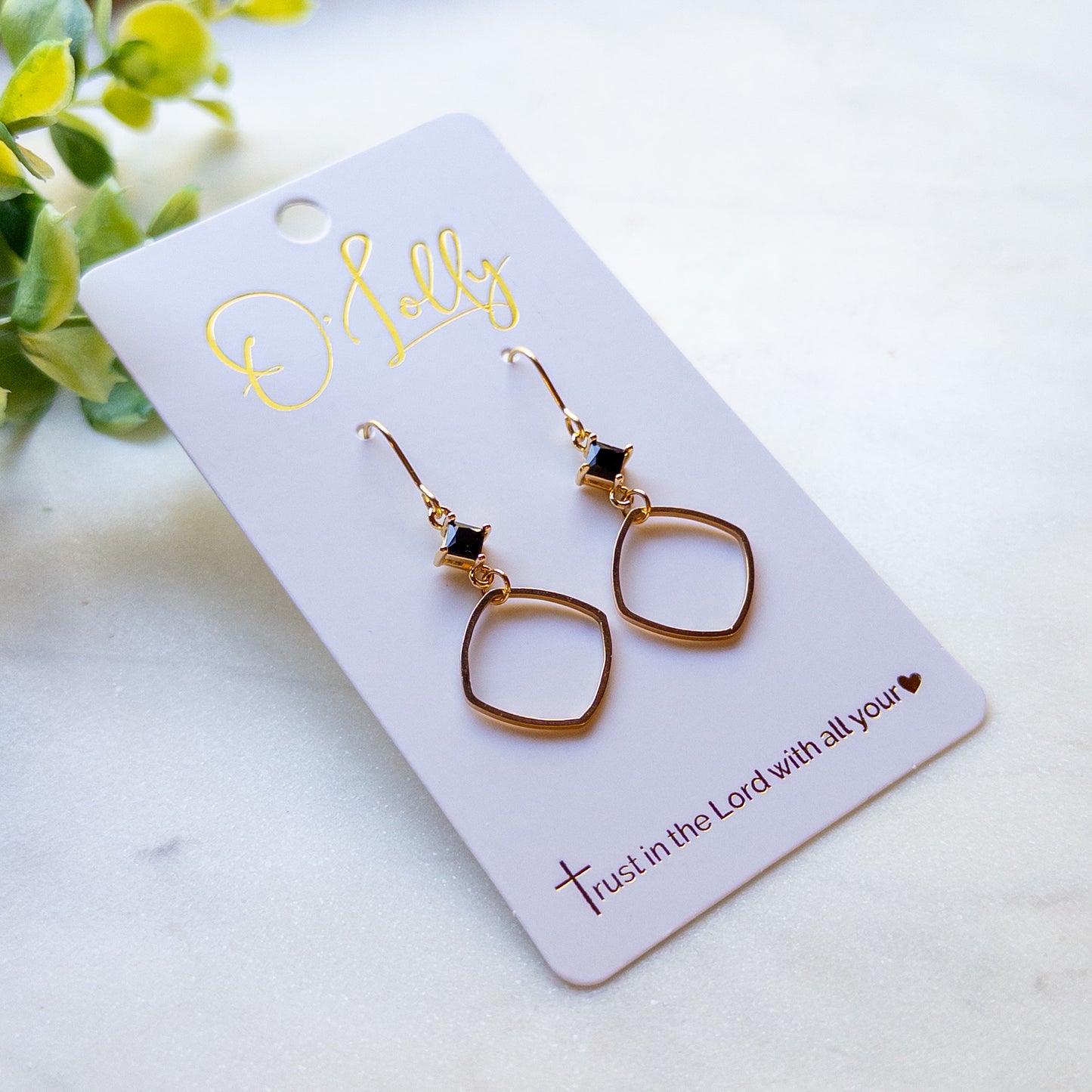 Black Crystal & Gold Open Square Earrings “Layla”