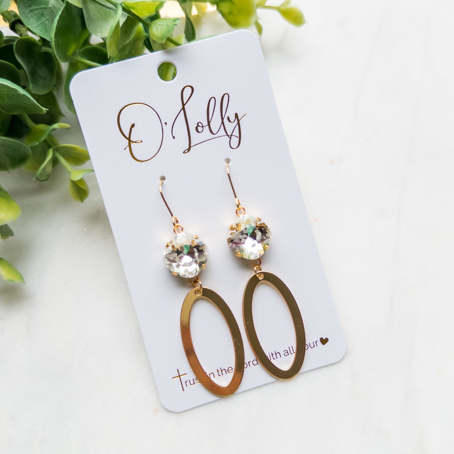 Clear Stone w/Gold Shiny Open Oval Dangle Earrings “Elise”