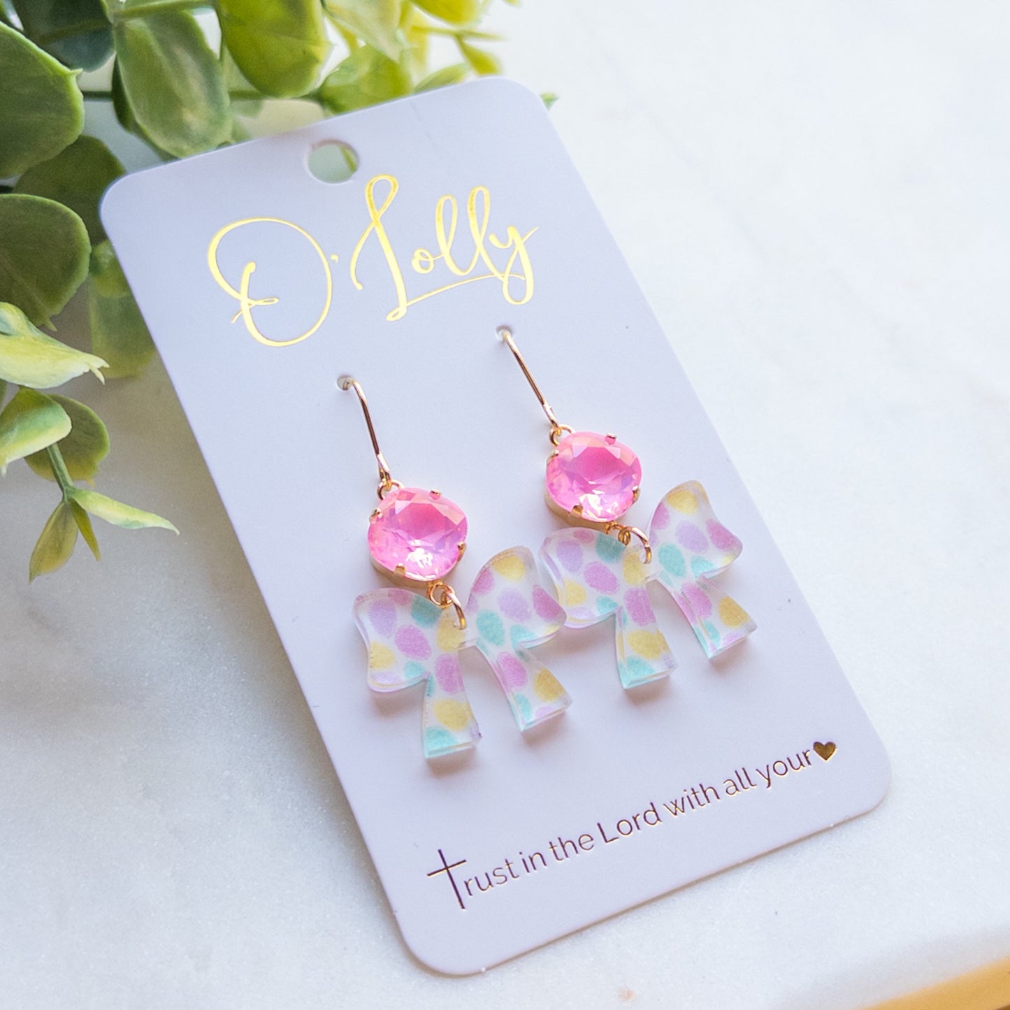 Pink Stone /Multicolored Acrylic Bow Dangle Earrings- Easter 10