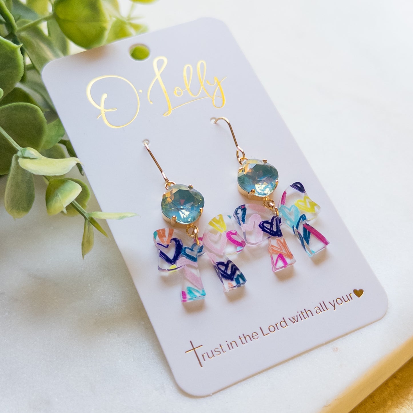 Multicolored Acrylic Bow w/Printed Hearts & Teal Stone “Lovey”