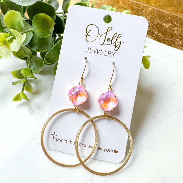 O’Lolly “Paris” Earrings - Pink Stone w/Gold Hoop