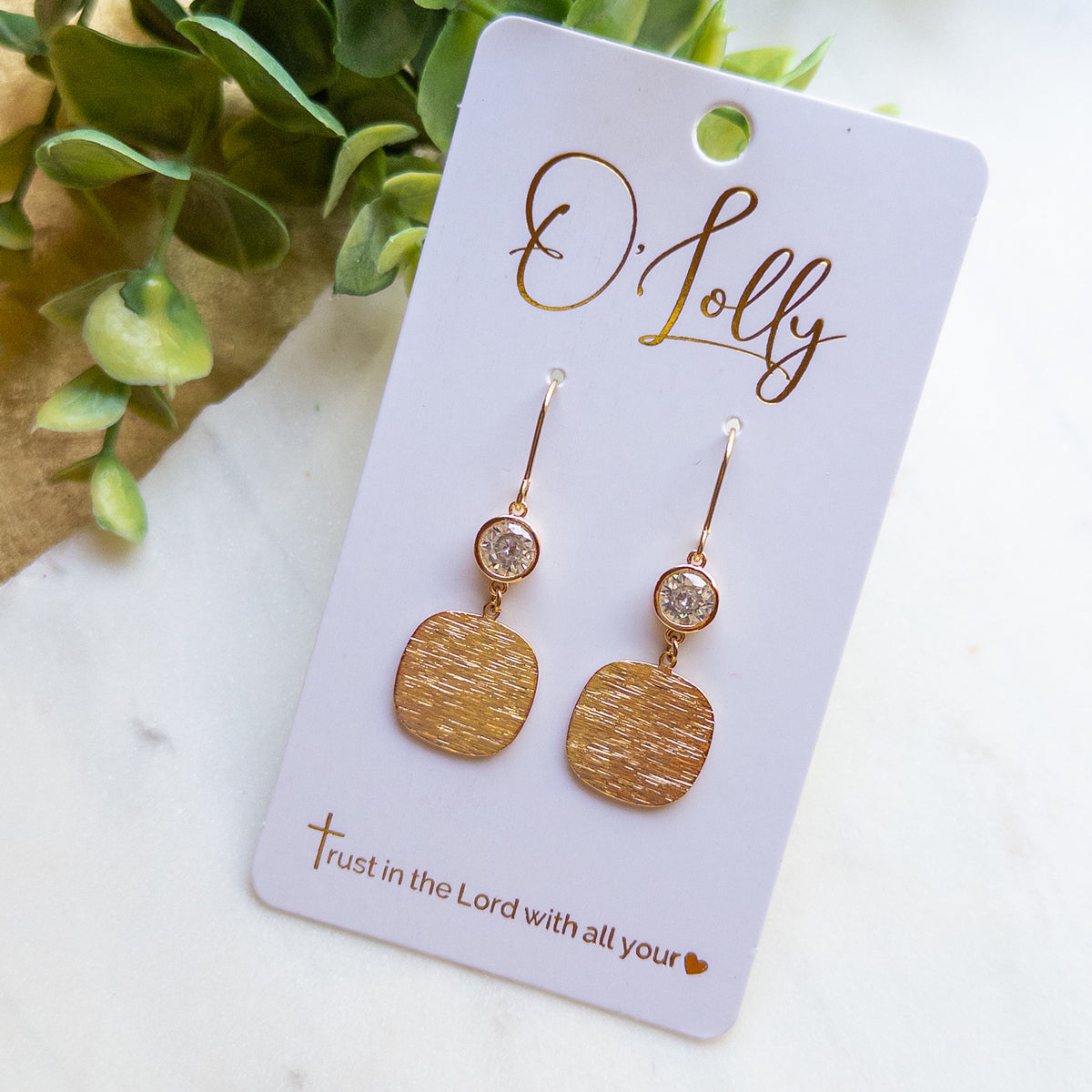 Gold Textured Square Dangle Earrings with Cubic Zirconia – Minimalist Gold Earrings “Celeste”