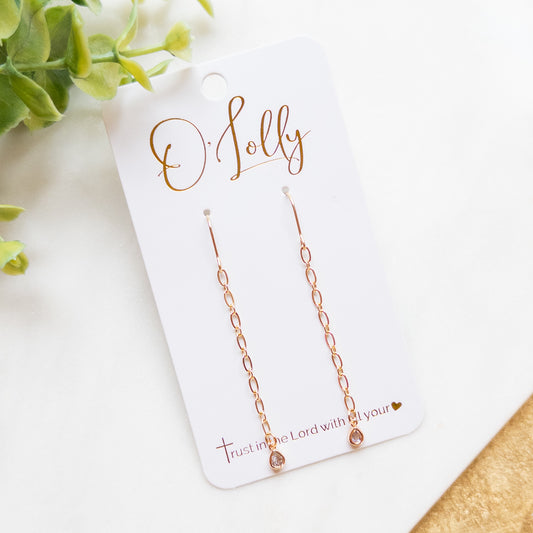 Gold Plated Chain Earrings w/Cubic Zirconia Teardrop