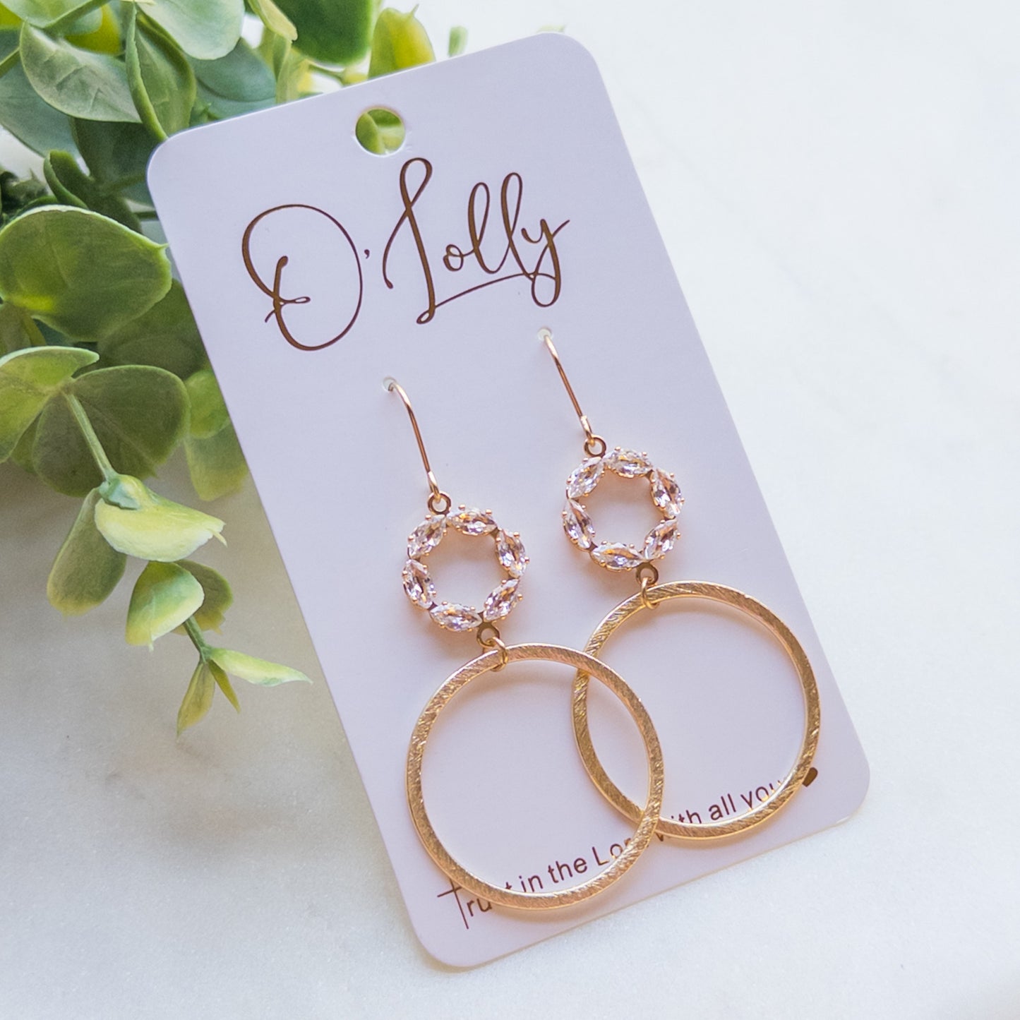 Cubic Zirconia Open Connector w/Gold Texture Hoop Dangle Earrings “Jenny”