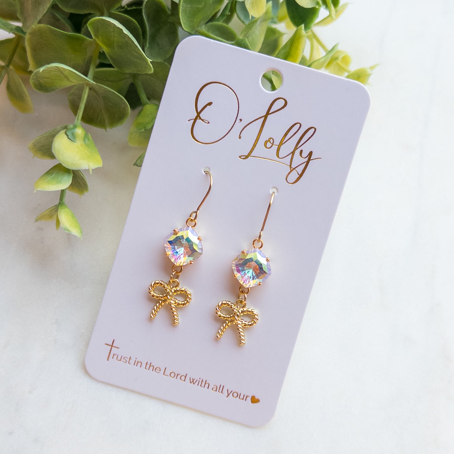 AB Stone w/Dainty Gold Bow Dangle Earrings “Tabitha”