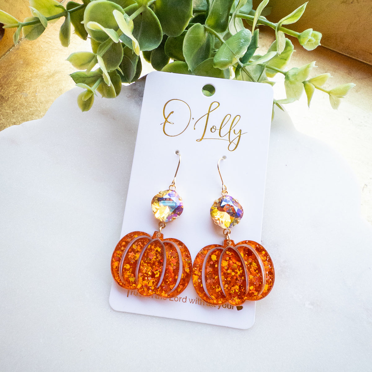 Orange Glitter Pumpkin Dangle Earrings – Sparkling Crystal Accents