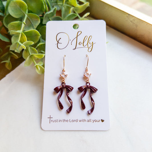 Burgundy Bow Dangle Earrings “Blair”