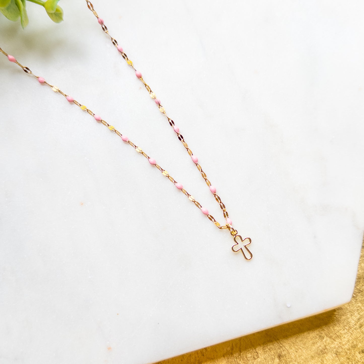 Gold & Pink Enamel Chain w/Open Cross Charm Necklace