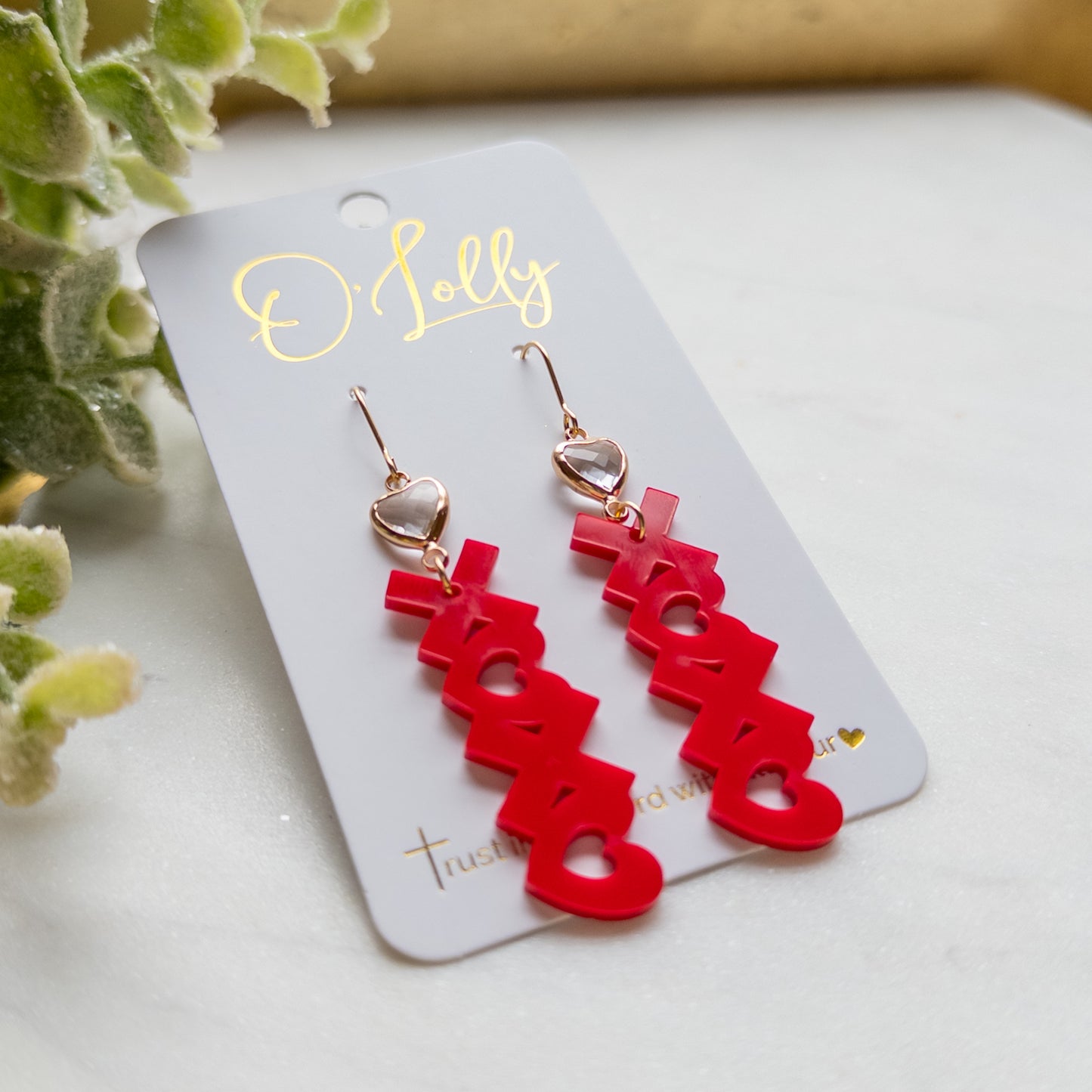 Red Acrylic “XOXO” w/Clear Heart Connector Earrings