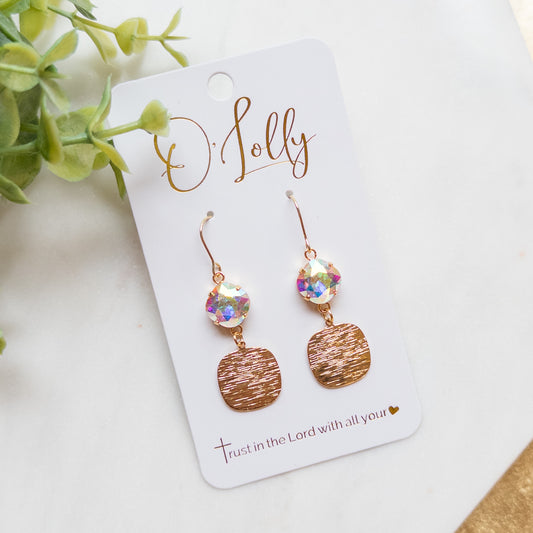 AB Stone w/Gold Textured Square Dangle Earrings “Kinsley”