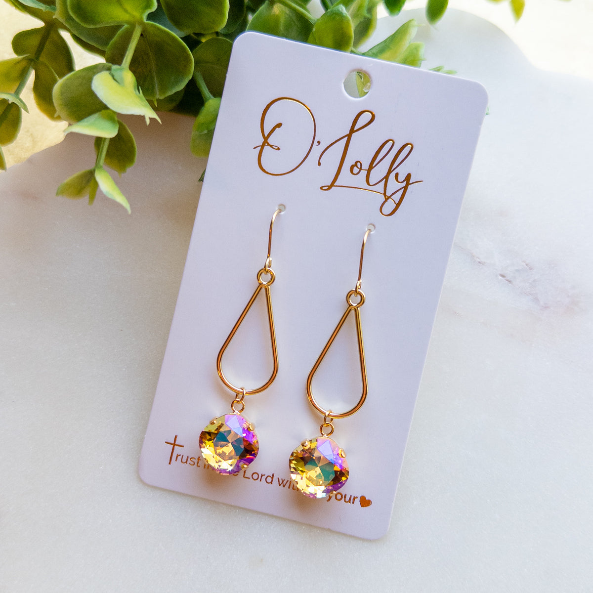 Gold Teardrop Iridescent Crystal Earrings “Amber”