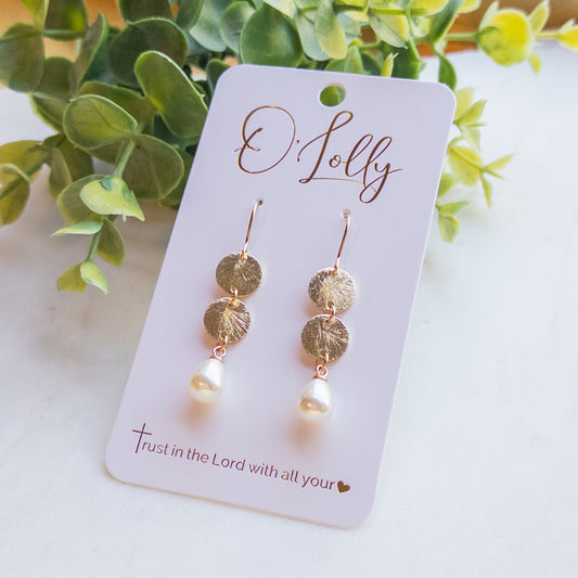 Gold Textured Discs w/Pearl Dangle Earrings “Kimberly”