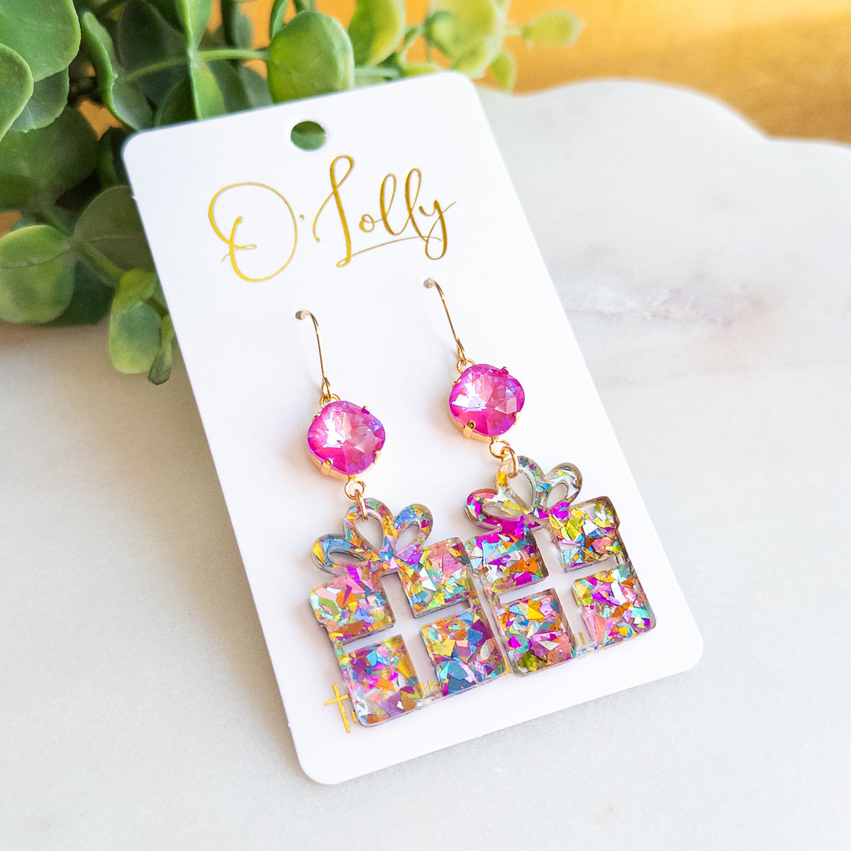 Christmas Present Dangle Earrings – Pink Rhinestone & Multicolor Glitter
