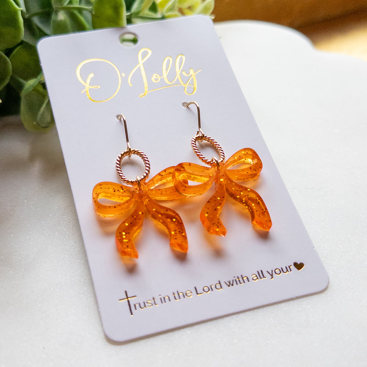 Orange Glitter Bow & Gold Oval Drop Earrings