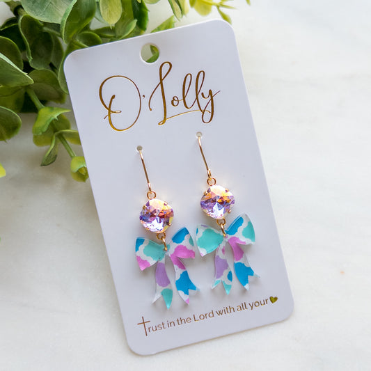 Multicolored Acrylic Bow Dangle Earrings w/Purple Stone - “Addy”