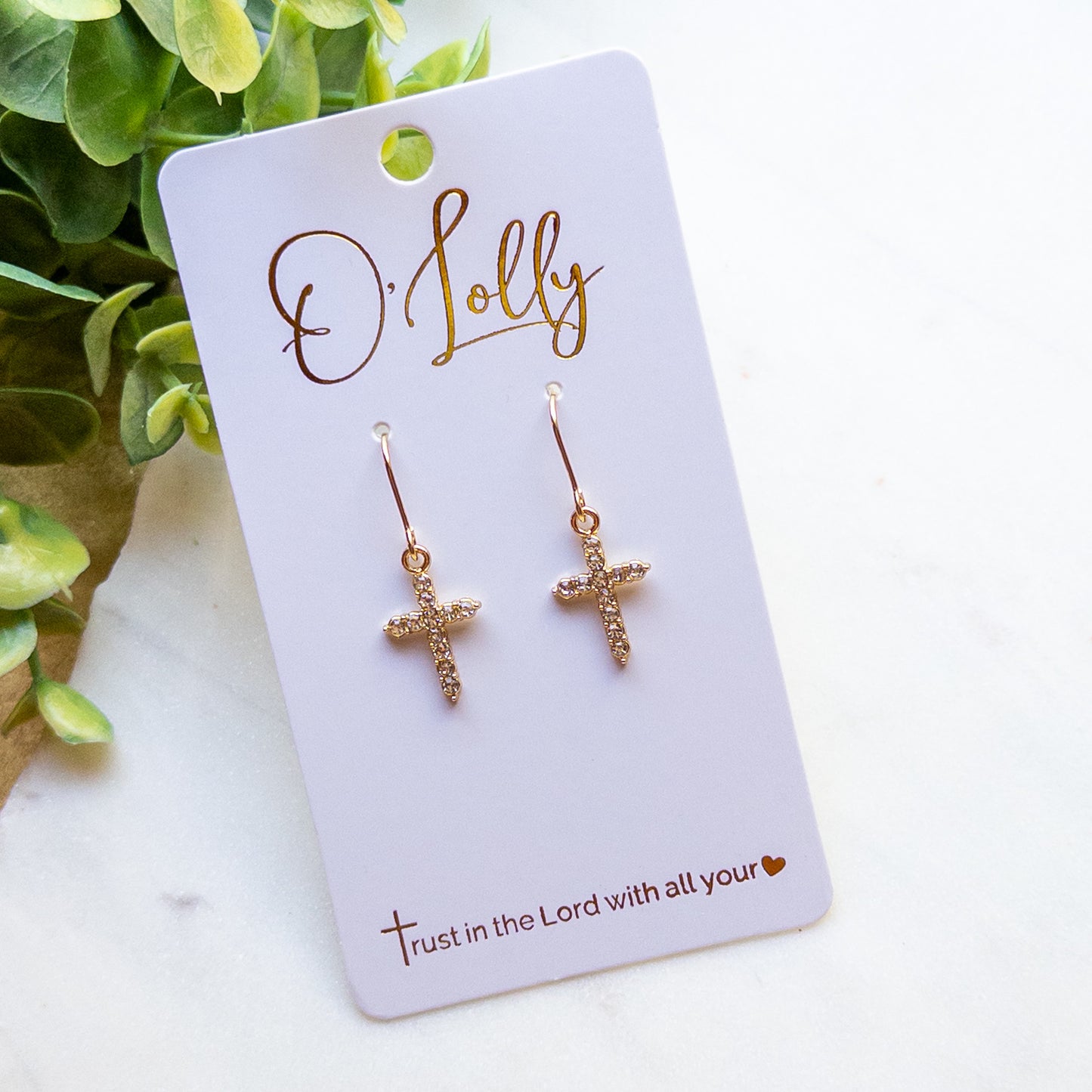 Gold Crystal Cross Dangle Earrings – Rhinestone Cross Earrings “Ruth”
