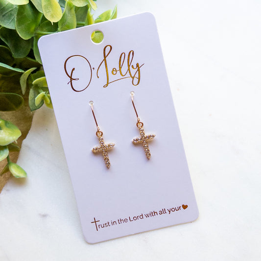 Gold Crystal Cross Dangle Earrings – Rhinestone Cross Earrings “Ruth”