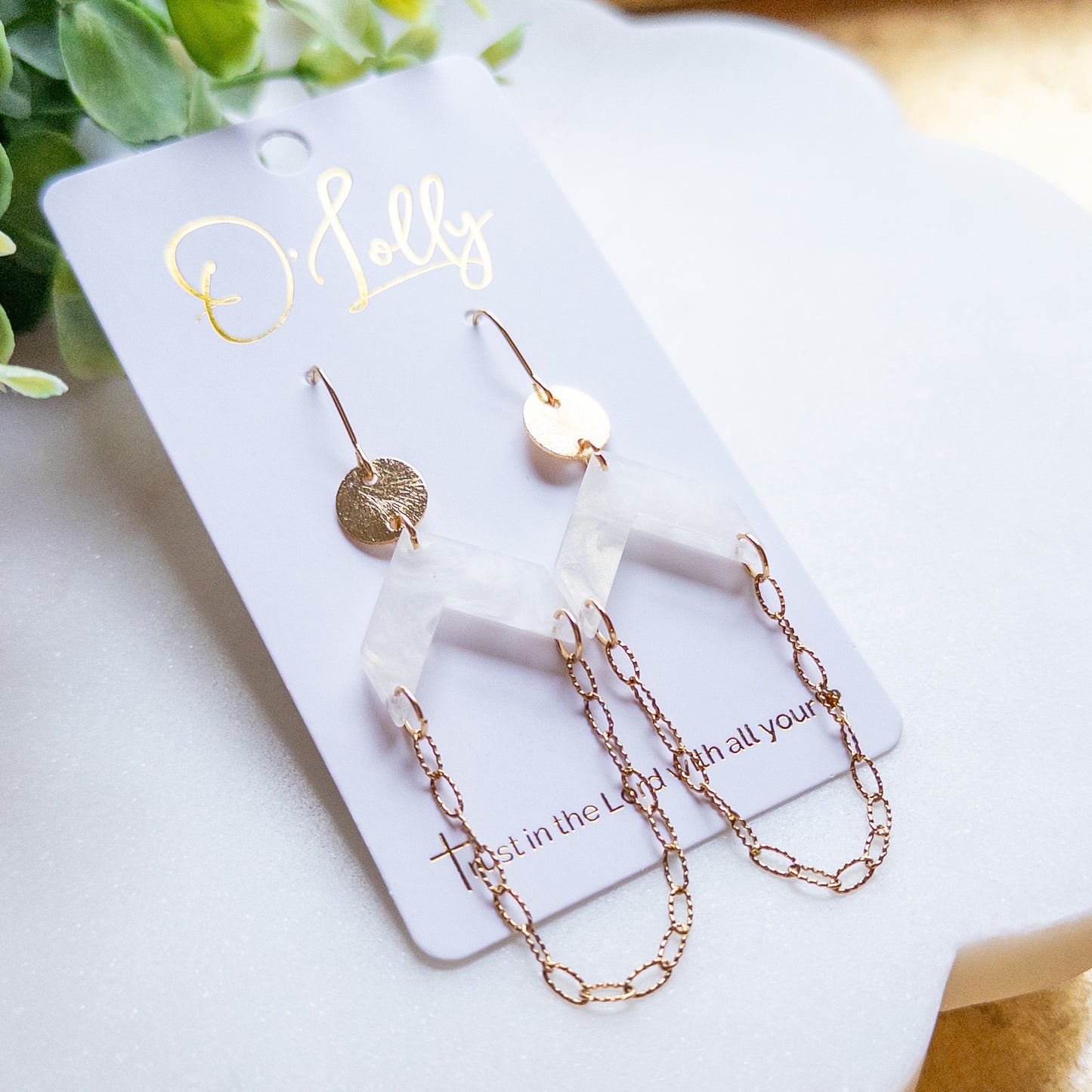 White Geometric Acrylic & Gold Chain Drop Earrings “Celeste”