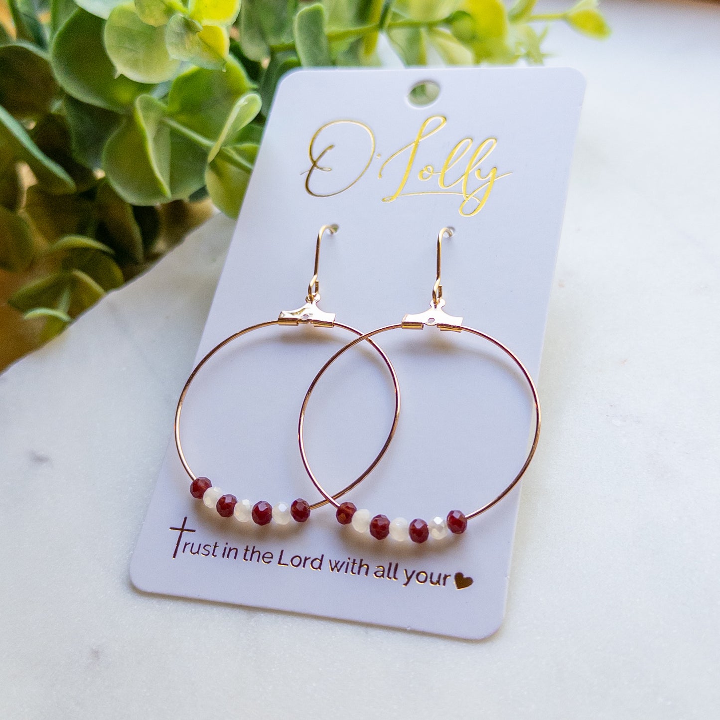 Maroon & White Beaded Hoop Earrings (Limited)