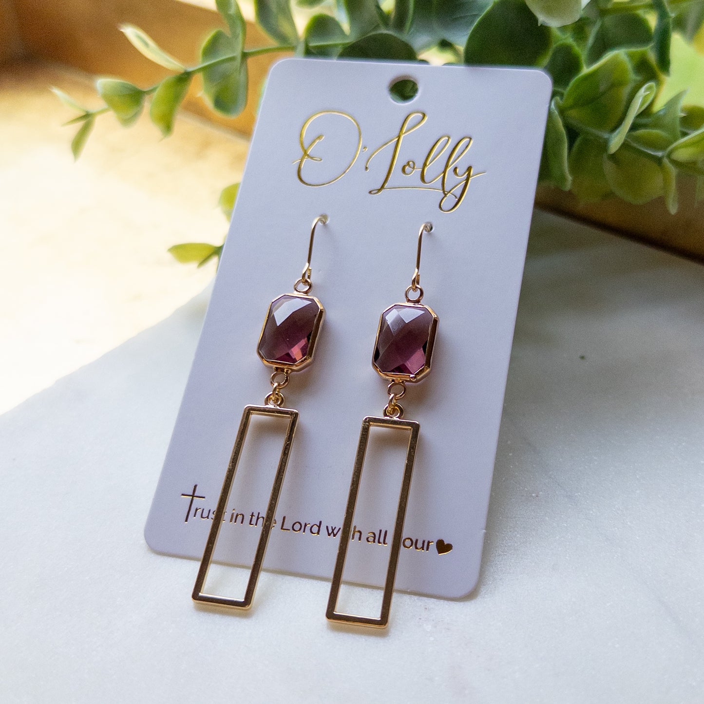 Plum Crystal Geometric Earrings “Lenora”