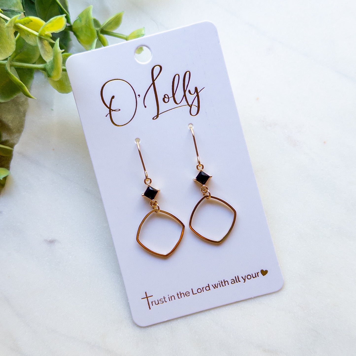 Black Crystal & Gold Open Square Earrings “Layla”