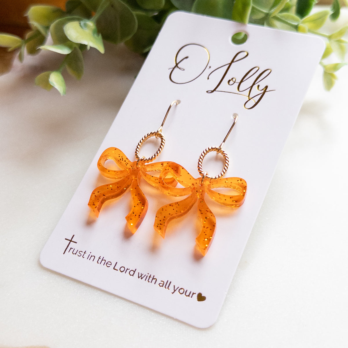 Orange Glitter Bow & Gold Oval Drop Earrings
