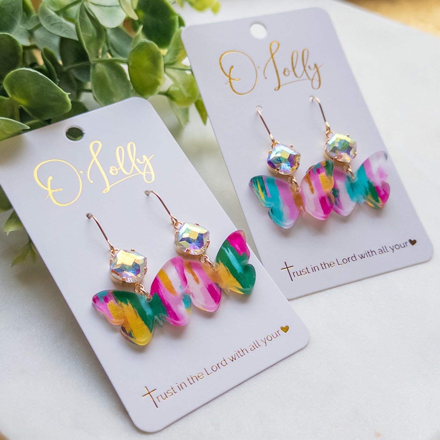 Multicolored Acrylic Butterfly w/AB Stone Dangle Earrings “Kelsi”