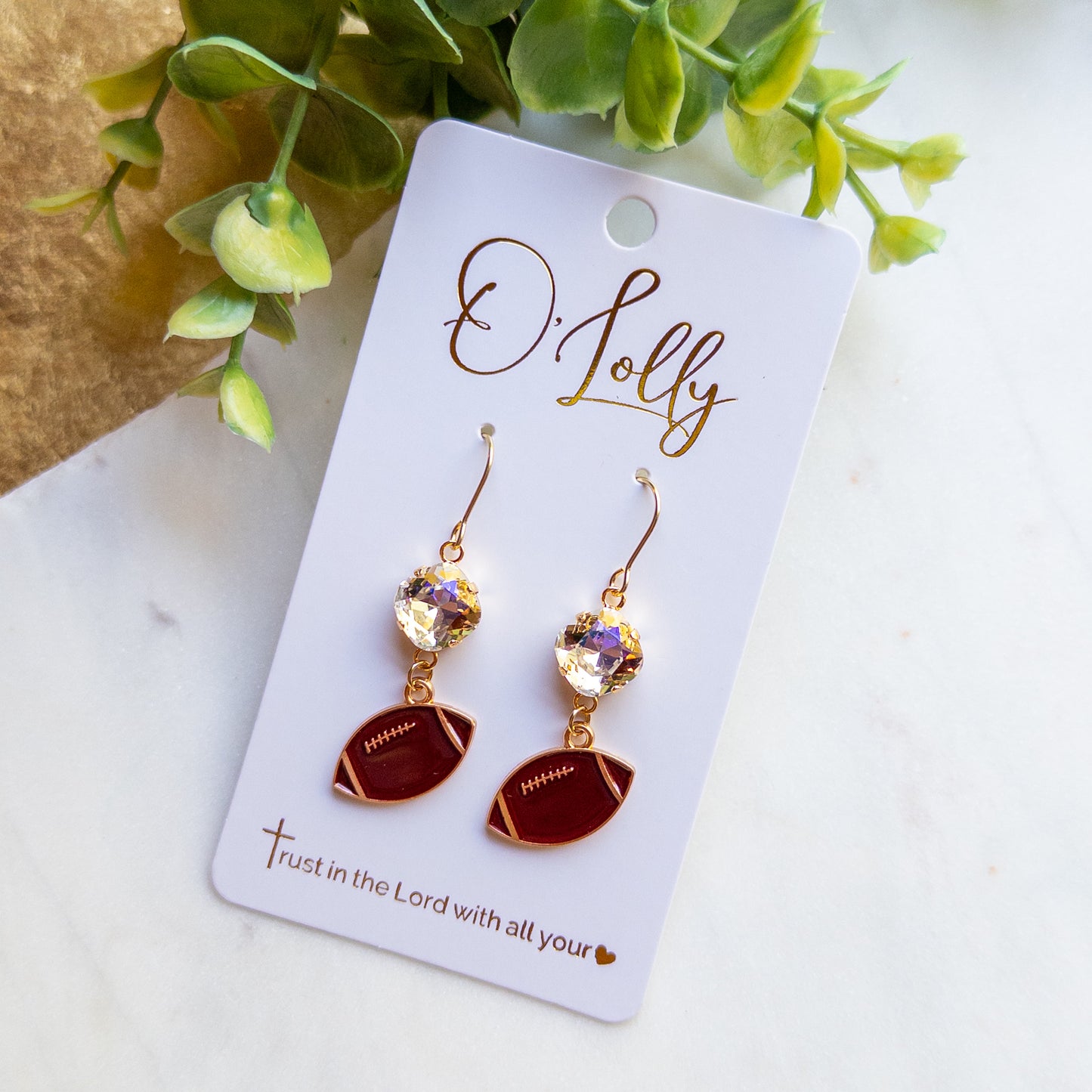 Gold Football & Crystal Dangle Earrings- “Hail Mary”