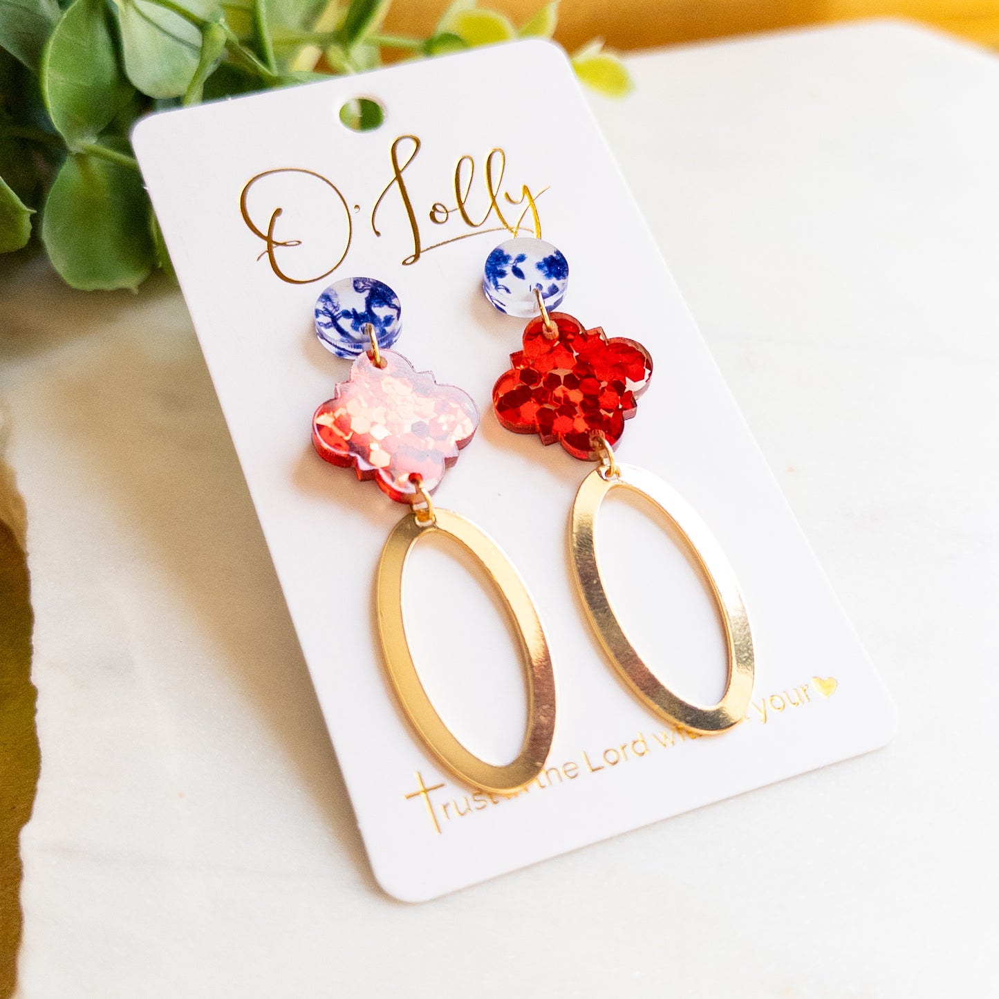 Red Glitter & Blue Floral w/Open Gold Oval Dangle Earrings “Holland”