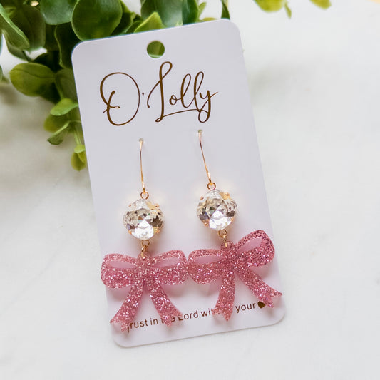 Pink Glitter Bow w/Clear 12mm Stone - Valentine Style 1