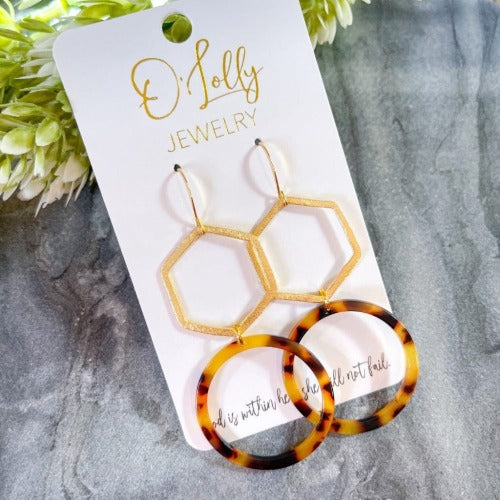 O'Lolly "Ada" Earrings - Gold Hexagon w/Tortoise Hoop