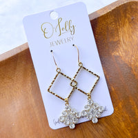 O'Lolly "Mia" Earrings - Gold Textured Connector w/Rhinestone Dangle