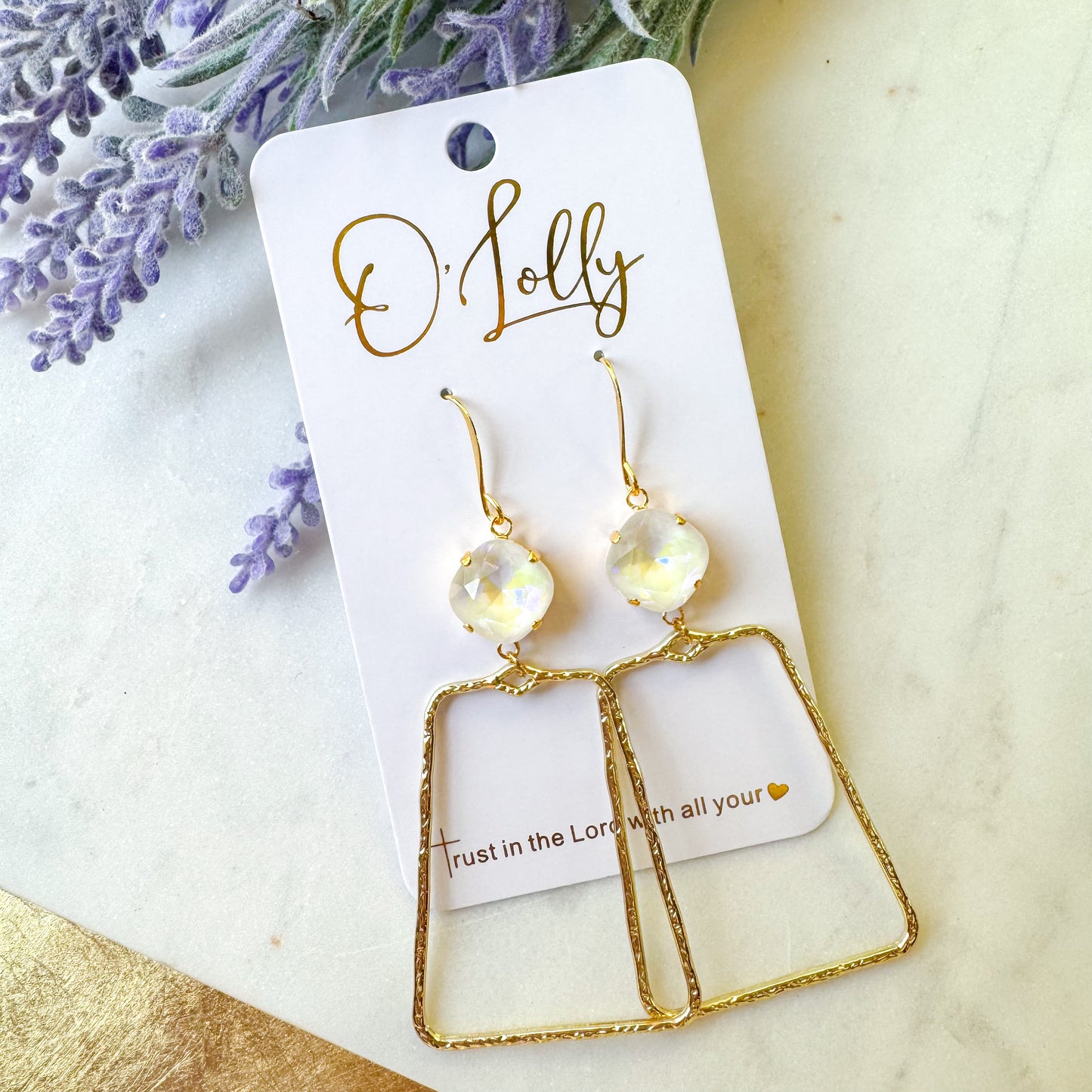 O’Lolly “Dakota” Earrings- Pink/Purple Stone w/Gold Dangle