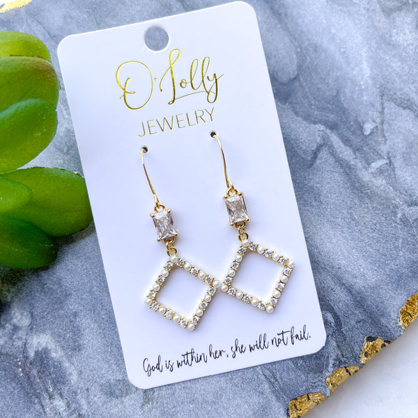 O’Lolly “Ann” Earrings - CZ Rectangle w/Pearl & Rhinestone Dangle