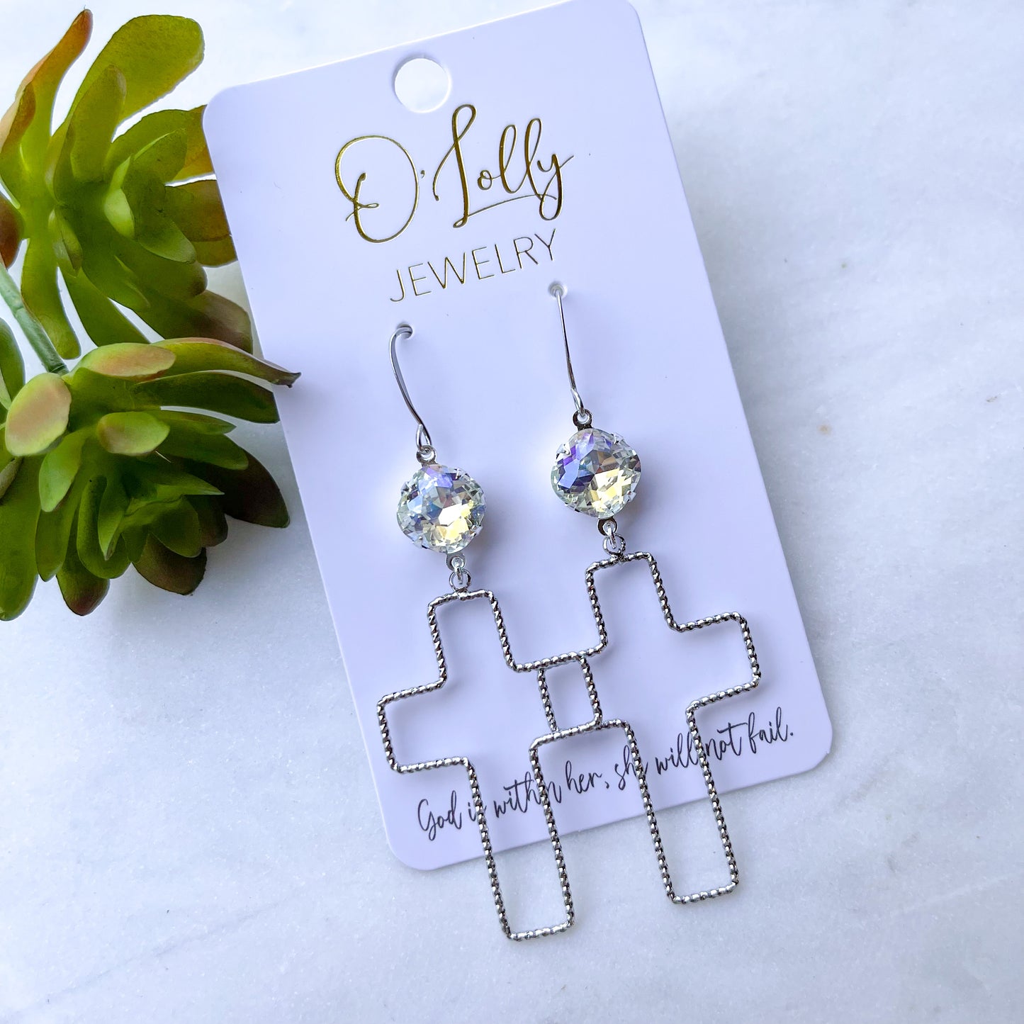 O’Lolly “Christen” Earrings - Clear Stone w/Open Cross Dangle