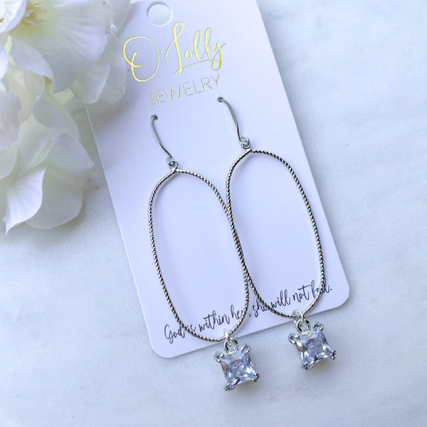 O’Lolly “Priscilla” Earrings - Silver Oval w/Clear Square Charm