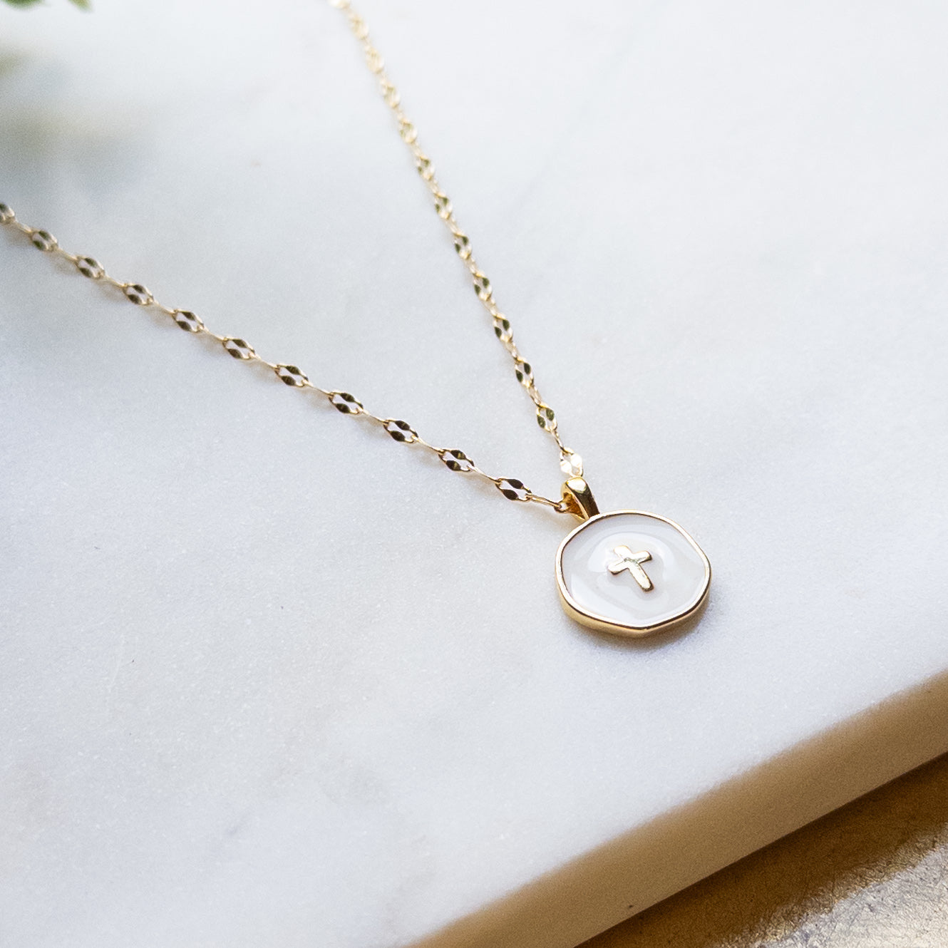 18k Gold Plated White Disc Cross Necklace